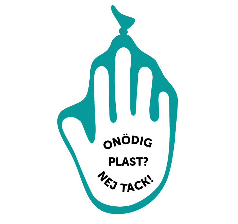 En symbol som visar en hand med texten "Onödig plast? Nej tack!"