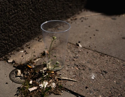 Några fimpar och en engångsmugg i plast ligger på marken