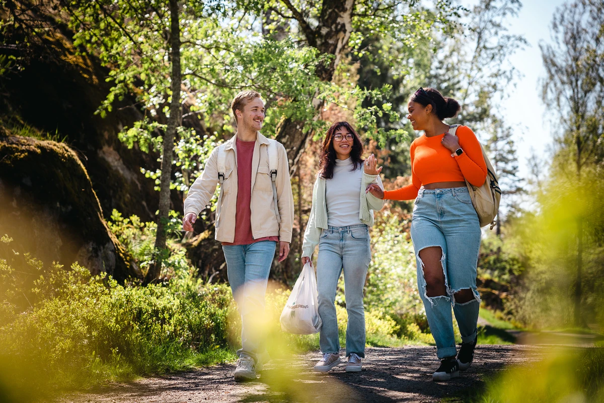 Vänner på promenad i skogen med en skräpplockarpåse