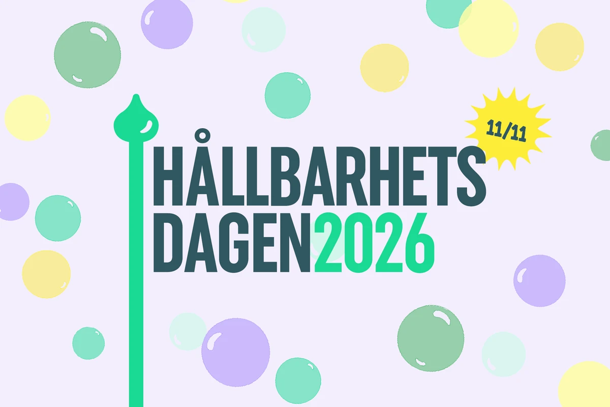 Lila bakgrund med grön text Hållbarhetsdagen 2026