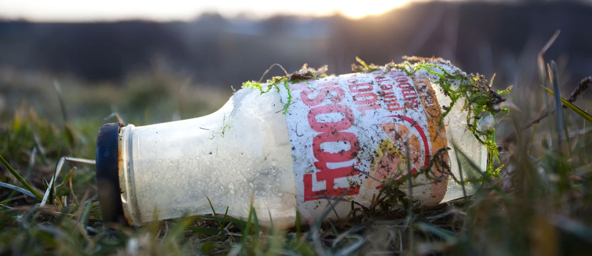 En glasflaska ligger slängd i naturen
