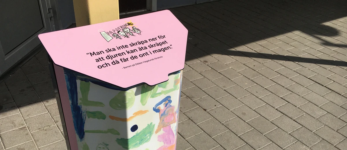 Dibber Hagalunds förskola har gjort motiven till papperskorgarna i Hagalund, Solna.
