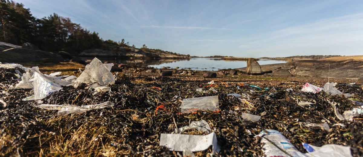 Bilden visar en strand där det är väldigt skräpigt