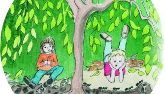 Tecknad bild av barn som vilar i skuggan under ett träd
