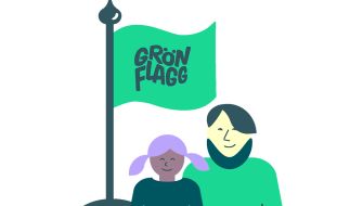 Illustration med litet barn, vuxen och Grön Flagg