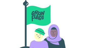 Illustration med stort barn, vuxen och Grön Flagg