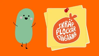 Glad figur och en postit-lapp med Skräpplockardagarnas logga