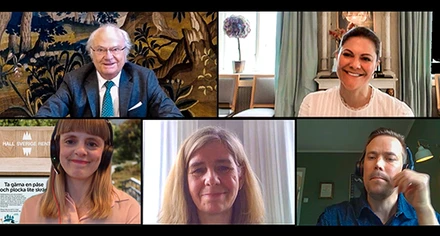 Håll Sverige Rent, H.M. Konungen och H.K.H. Kronprinsessan i ett digitalt möte om förebyggande arbete mot skräp. Foto: Kungl. Hovstaterna