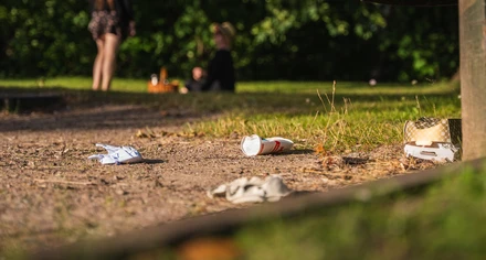 Engångsförpackningar ligger slängda på marken i en park