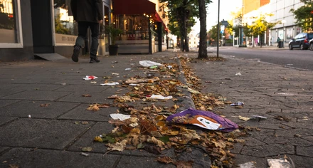 Skräp ligger på marken i höstig stadsmiljö