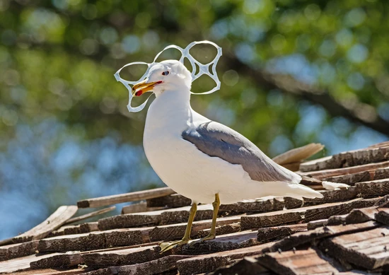 Mås intrasslad i plasthållare för burkar