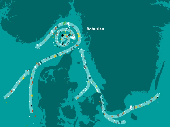 Illustration strömmar av plast utanför Bohuslän