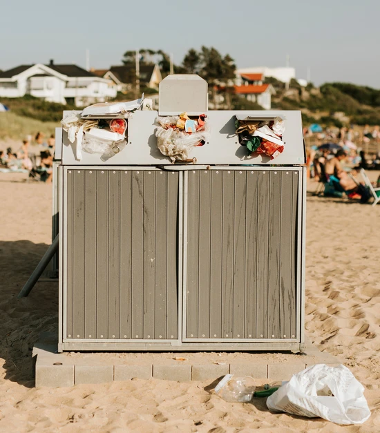 Fylld soptunna vid strand. Foto: Emma Grann