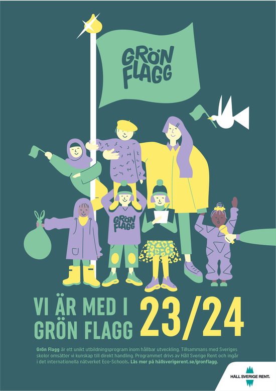 Illustrerad affisch med människor och Grön Flagg-skylt